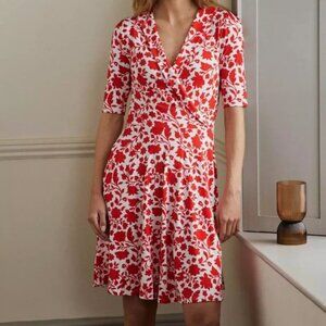 Boden Fixed Wrap Jersey Dress Floral Botanical Print Coral White Size 16 NWOT